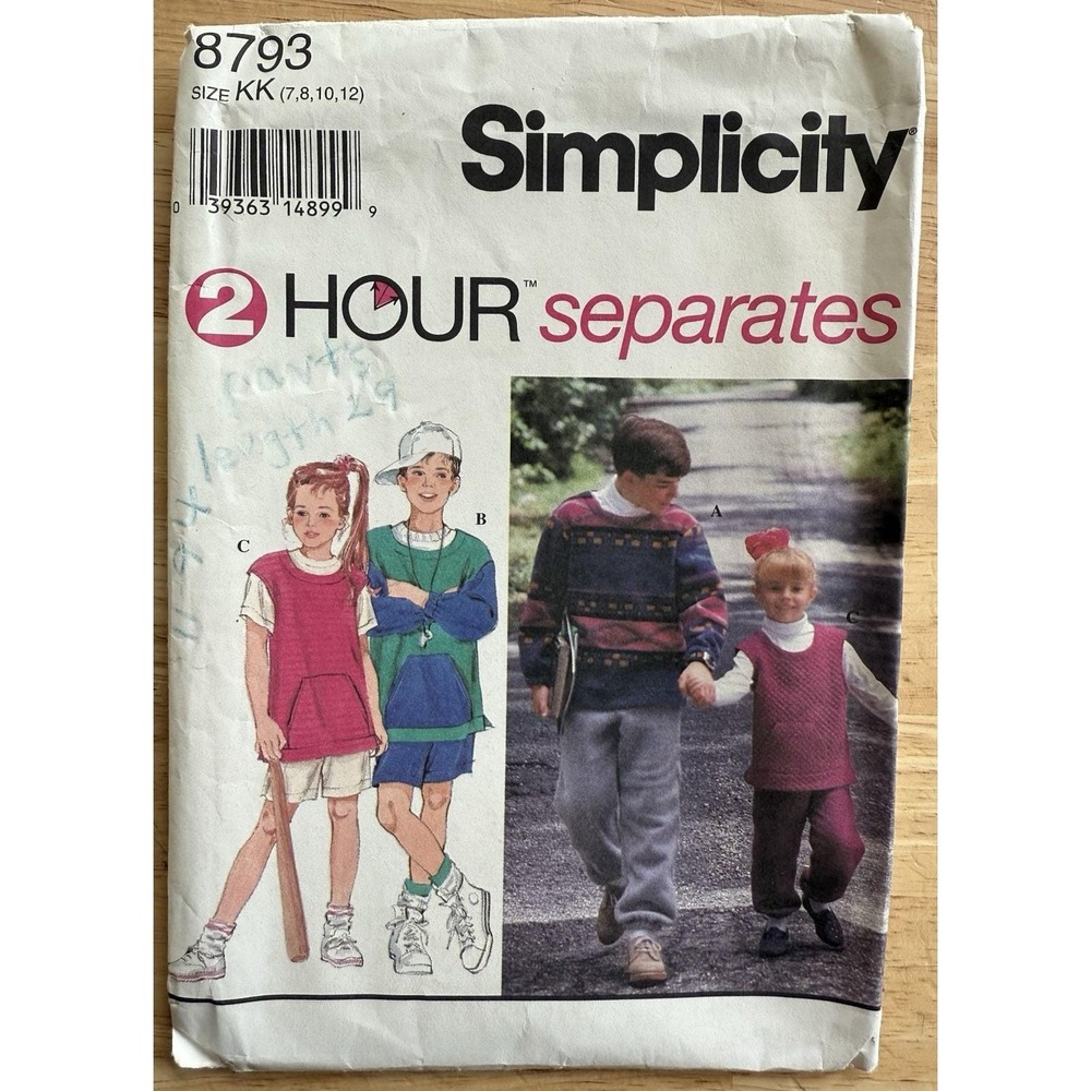Simplicity Pattern 8793 Unisex Kids Knit Pants Shorts & Top Sz 7-12 Cut Complete